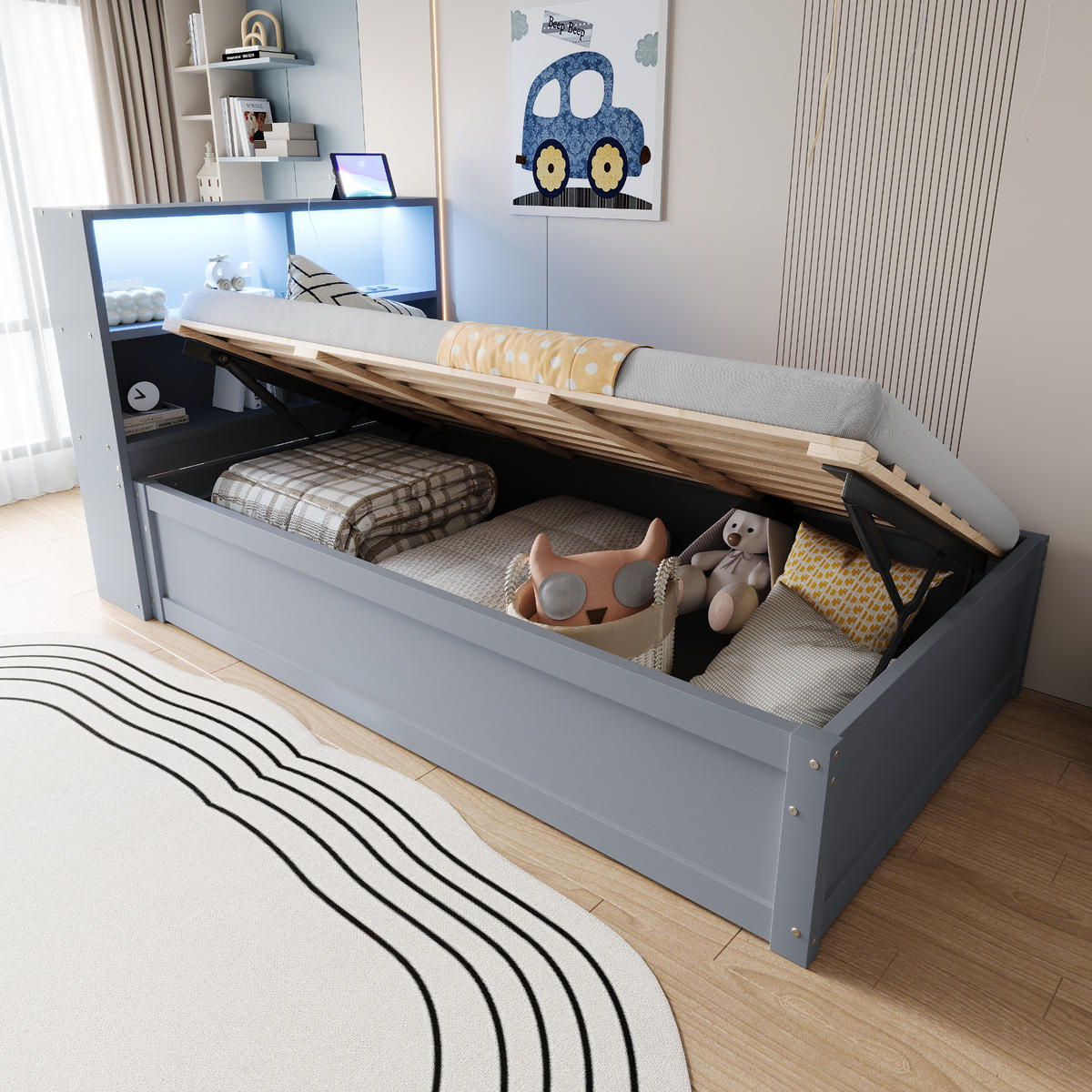 BETT 90/200 cm mit Multifunktionssteckdose, LED-Beleuchtung & Stauraum Grau - Grau, Holz (90/200cm) - OKWISH