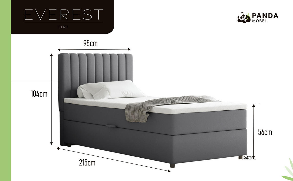 BOXBETT Everest 90 x 200 cm Einzelbett mit hochwertiger Bonell-Matratze und Topper - Grau, Holz (90/200cm) - Panda Möbel