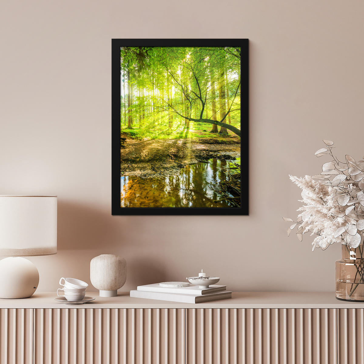 GERAHMTES BILD Wald - Landschaft - Wasser - Bäume - Sonne - Grün - Natur 30x40 cm - Grün, Papier (30/40cm) - MuchoWow