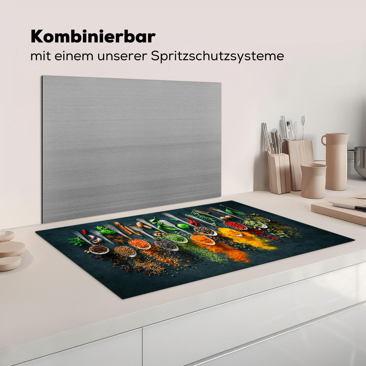 KRYT NA INDUKČNÍ DESKU Bylinky - koření - lžíce 83x51 cm - různobarevná, plast (83/51.5/0.2cm) - MuchoWow