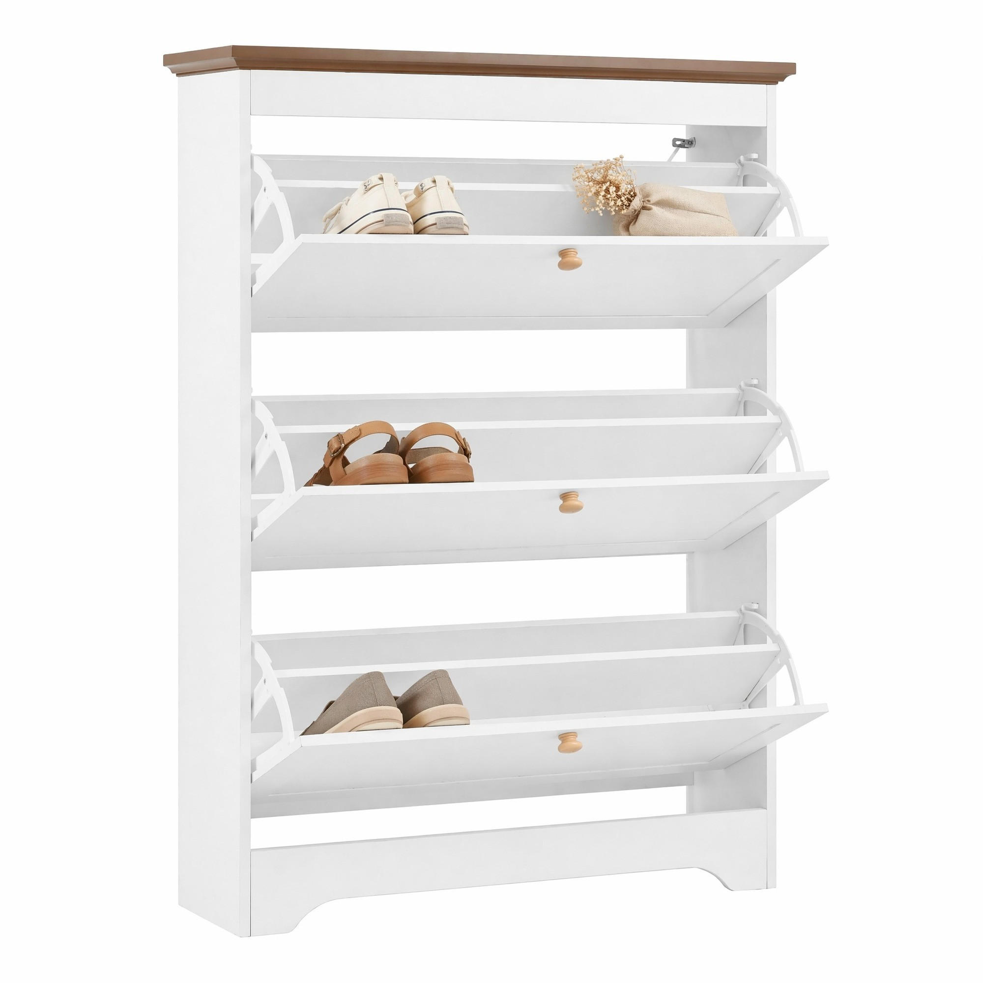 SCHUHSCHRANK in Weiß Schuhkommode mit 3 Klappen und runden Griffen für Flur und Eingangsbereich, B87/T26/H120cm - Weiß, Holzwerkstoff/Metall (83/120/23.5cm) - STILVORA