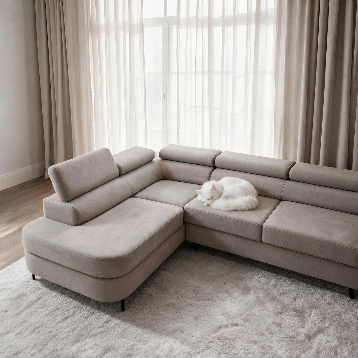 ECKSOFA PRIAM MAXI L-Form Links mit Schlaffunktion 125x195 Velours Beige - Beige/Schwarz, Holz/Textil (203/350cm) - Muffo