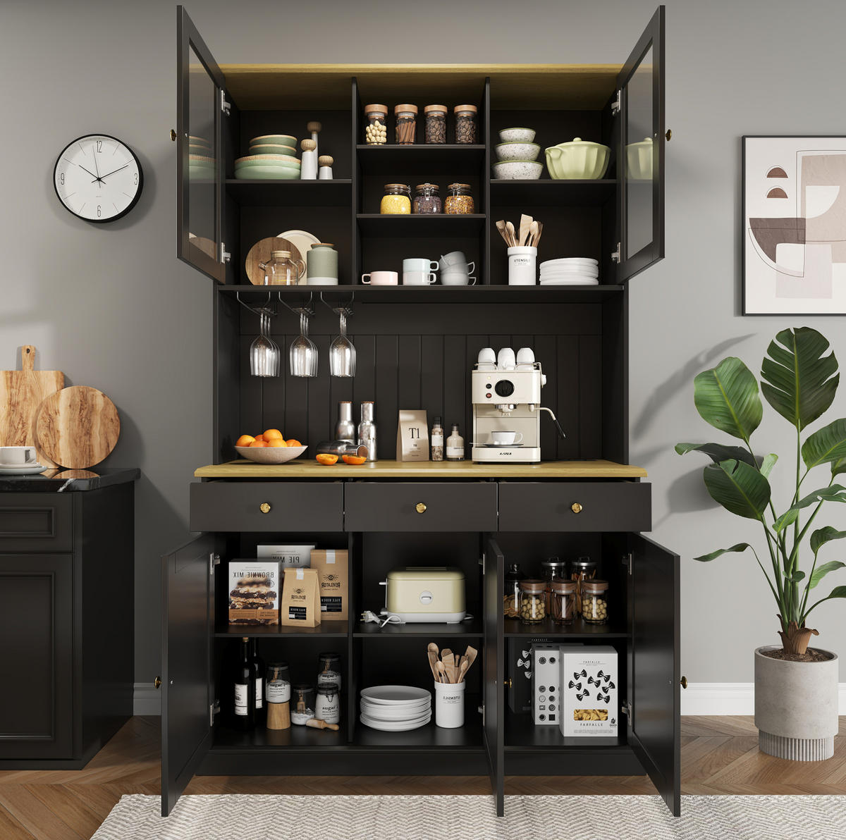 BUFFETSCHRANK mit Glastüren 120 x 40 x 191 cm MDF Schwarz mit Steckdosen - Schwarz, Holzwerkstoff (40/191/120cm) - Meubliv