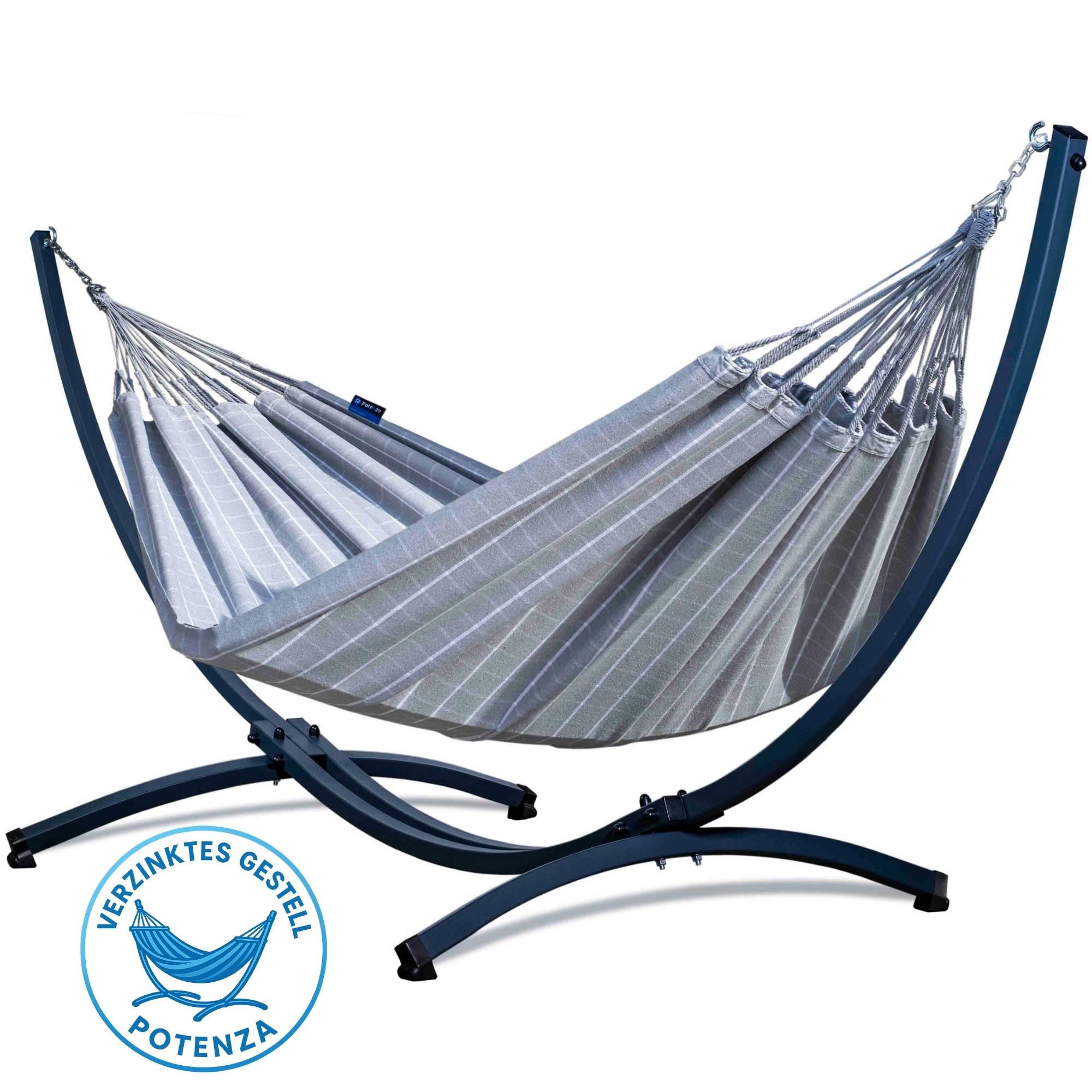HÄNGEMATTE mit Verzinktem Gestell, 2 Personen, XXL, 200 kg, Metall, Catargo Grau, einfache Montage - Grau, Metall (370/130/120cm) - Potenza
