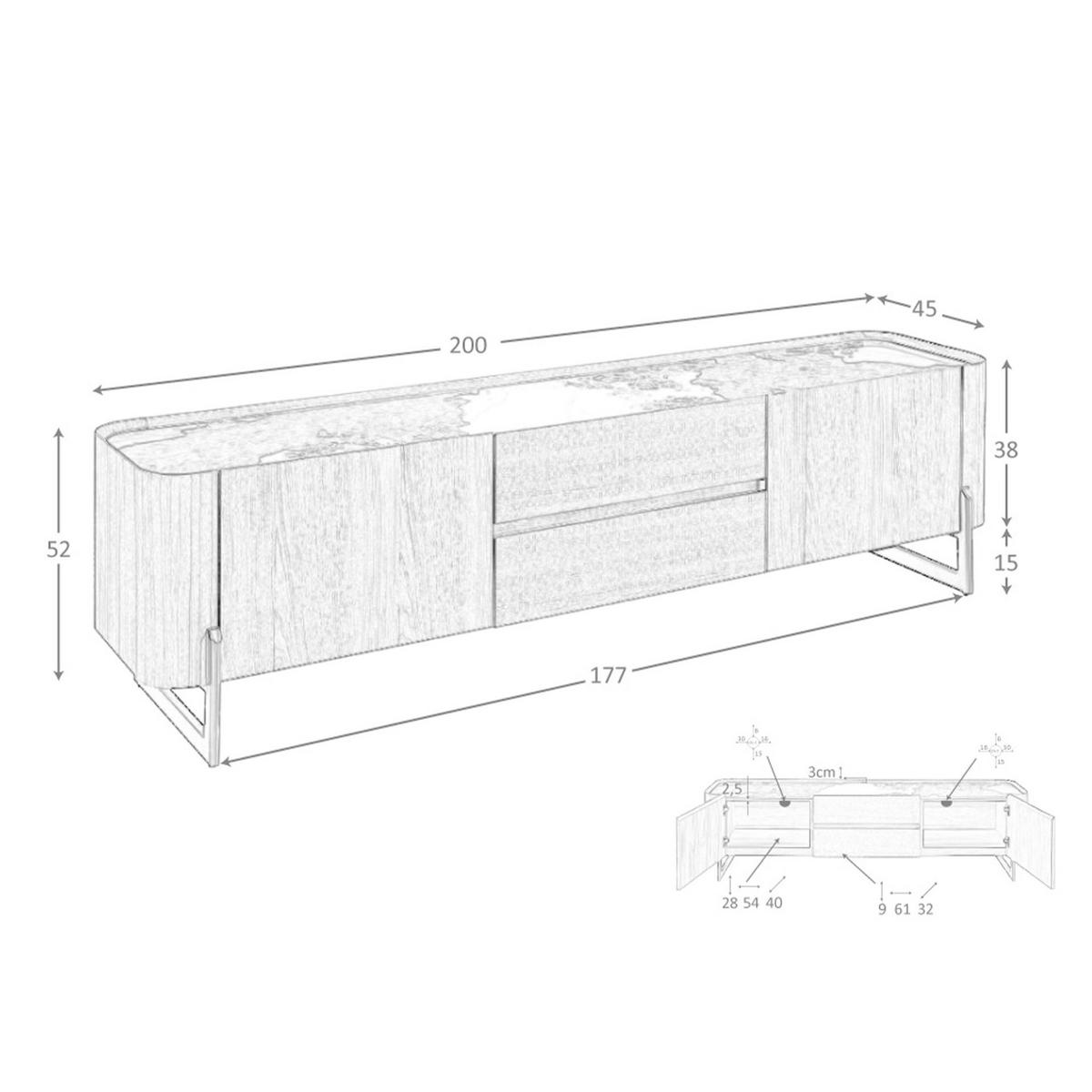TV-ELEMENT TV-Ständer aus Nussbaum und dunklem metallisiertem Stahl mit Porzellanmarmorplatte 200/45/52 cm - Walnussfarben/Weiß, Holz (200/52/45cm) - ANGEL CERDA