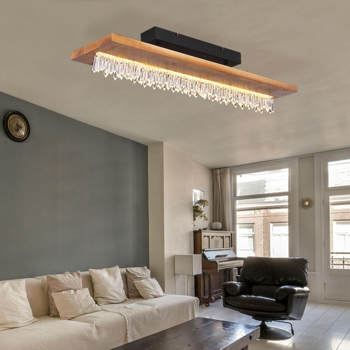 LED DECKENLEUCHTE Holz Braun Kristalldekor - Braun, Holz (80/20/19.5cm) - Globo Lighting