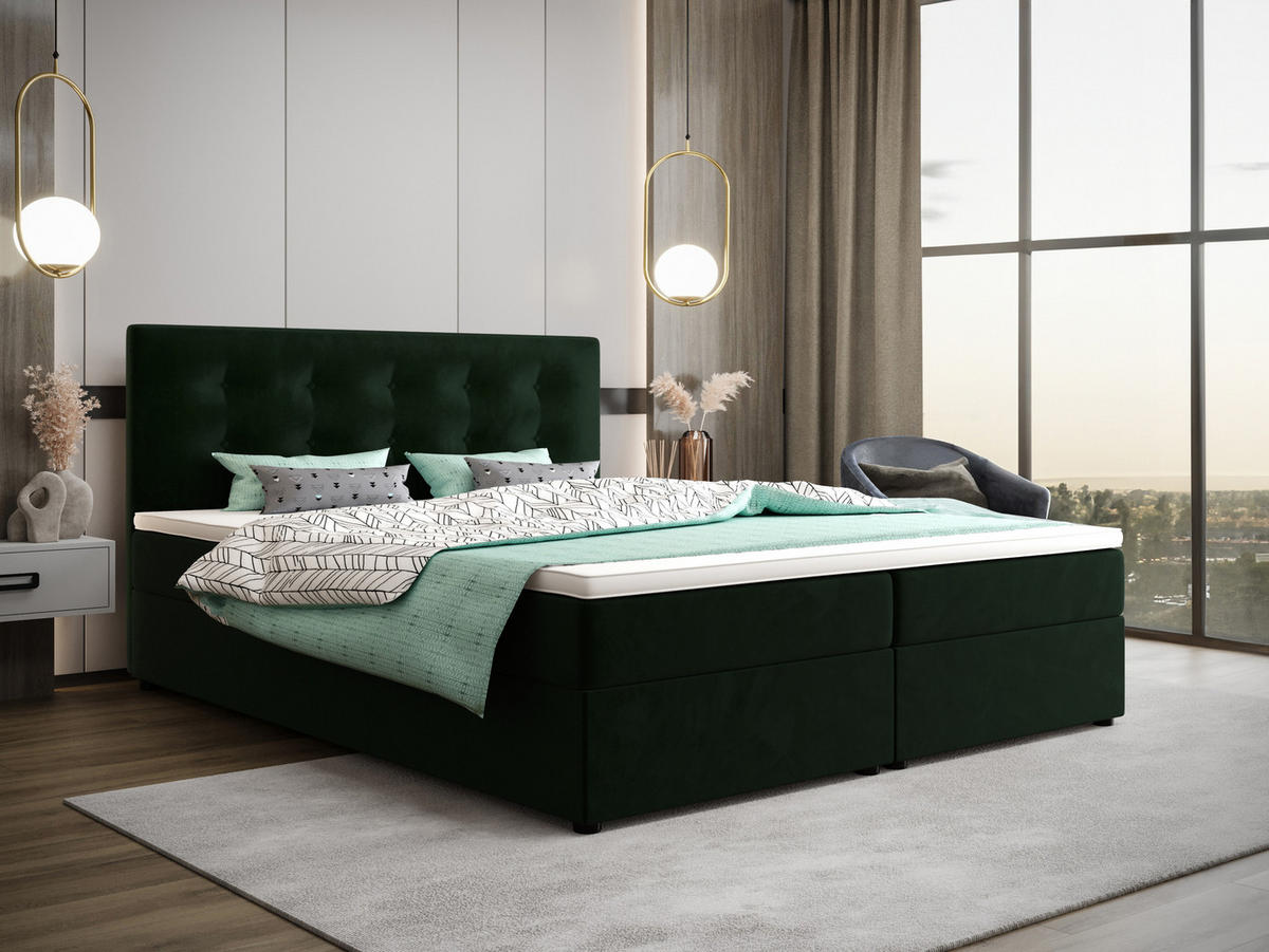 BOXBETT FADO 22 mit Matratze H3, Bonell und Topper 160x200 Itaka 10 - Grün, Holz/Textil (160/200cm) - Bedante
