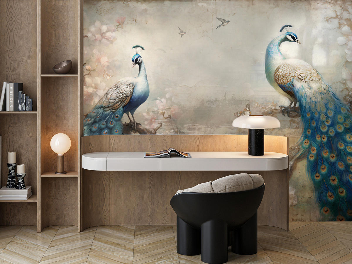 FOTOTAPETE Abstrakte Pfauen Blumen Beton Vintage 250x175 - Blau/Beige, Papier (250/175cm) - Muralo