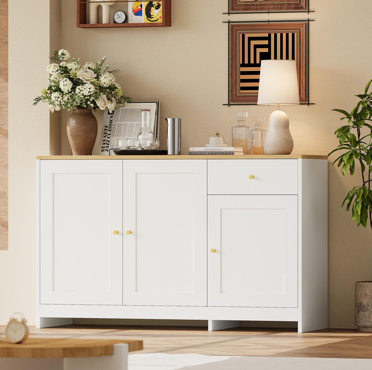SIDEBOARD aus MDF und Spanplatte 120x40x75 cm Weiß/Natur mit 3 Türen, Schublade und verstellbaren Einlegeböden - Weiß, Holzwerkstoff (120/75/40cm) - Modfu