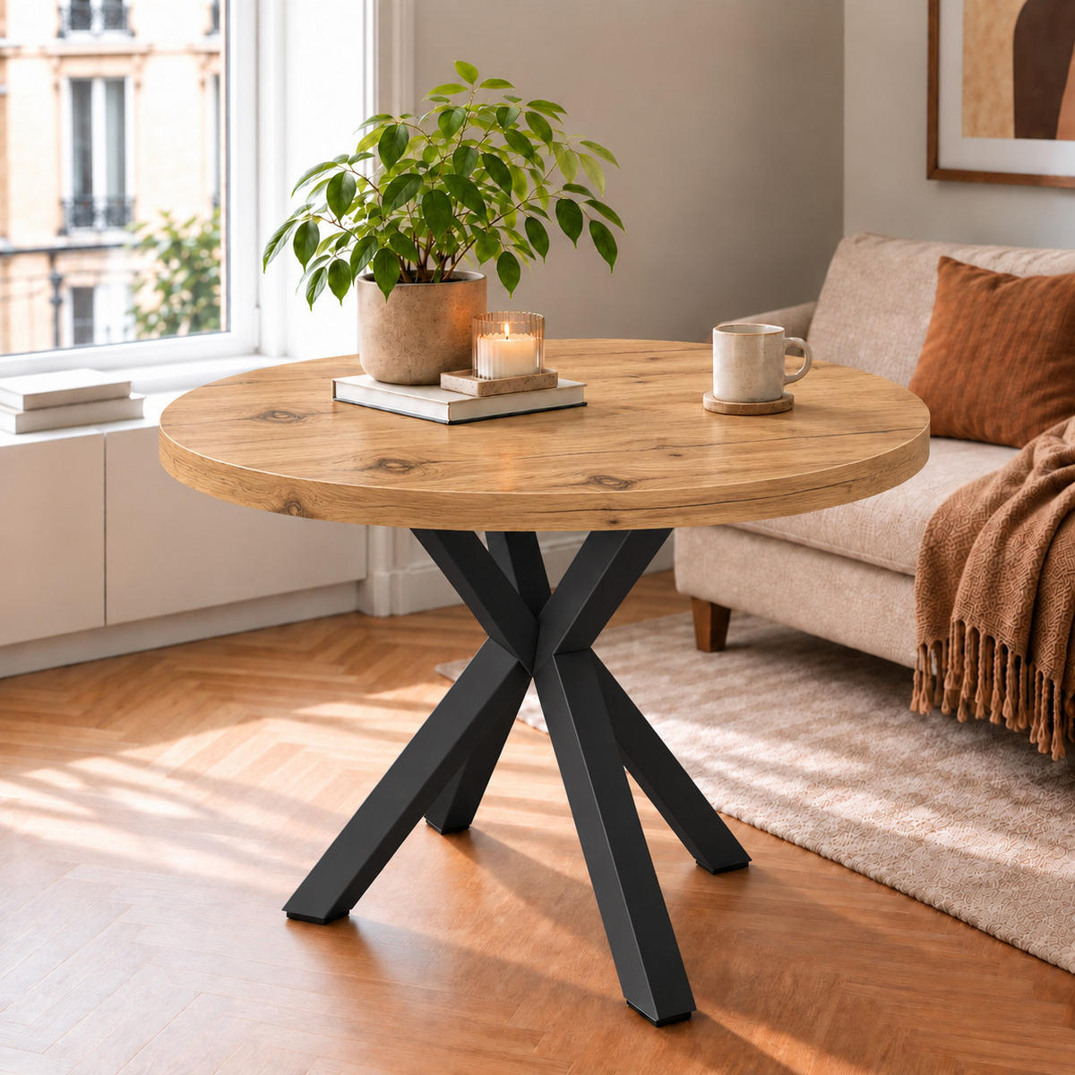 ESSTISCH rund ausziehbar 110/310/76 cm, Eiche Craft, 54 cm Tischplatte + X Metallbeine Schwarz - Eichefarben, Holzwerkstoff/Metall (110/310/76cm) - Damale Möbel