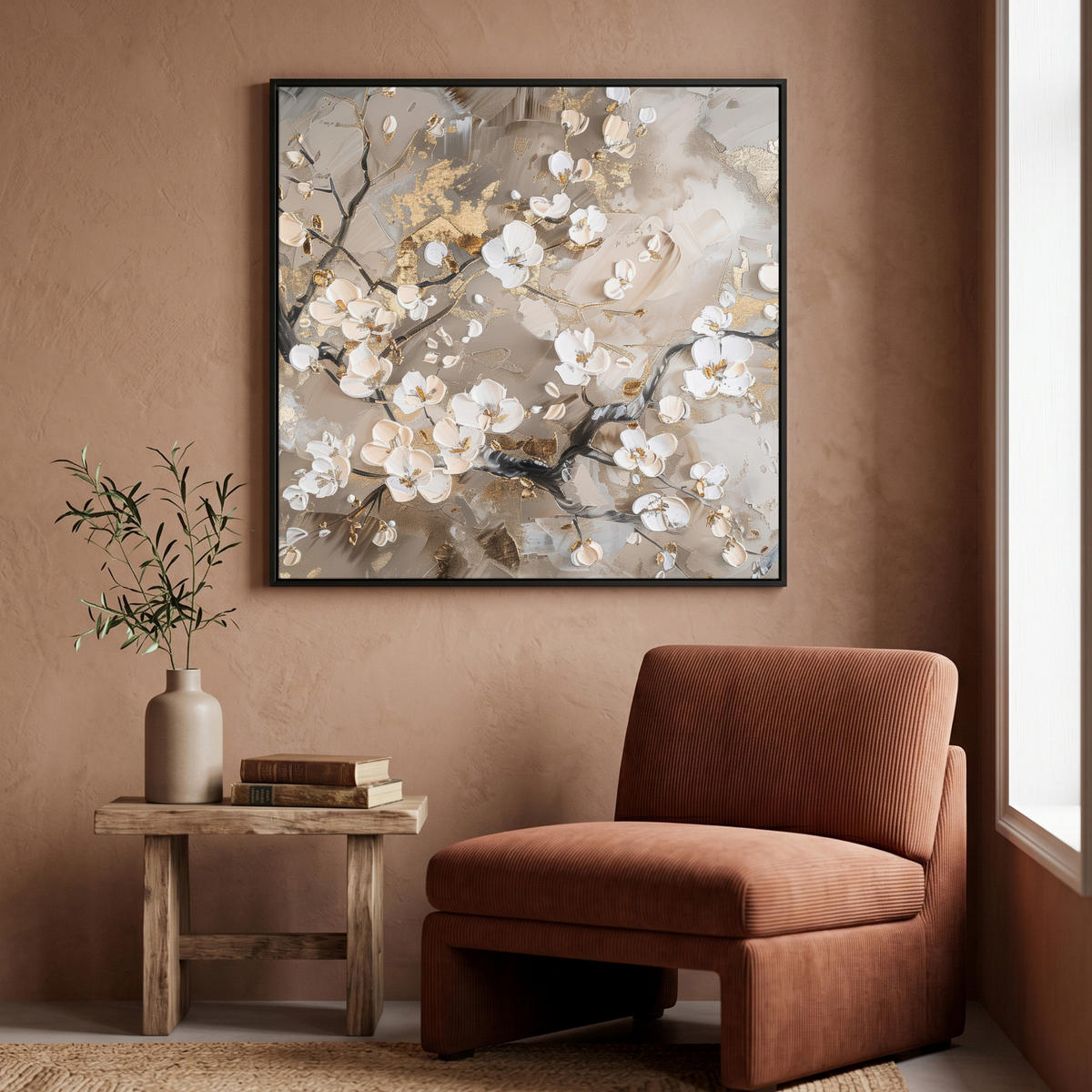 LEINWAND Bilder mit Rahmen - Blumen - Weiß - Gold - Beige - Luxus - 90x90 - Greige, Textil (90/90cm) - MuchoWow