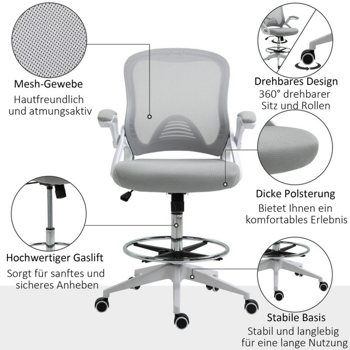 DREHSTÜHLE Netzstoff Fußring Wippfunktion Hellgrau - Grau, Metall (60/126/64cm) - SHOPENTRA