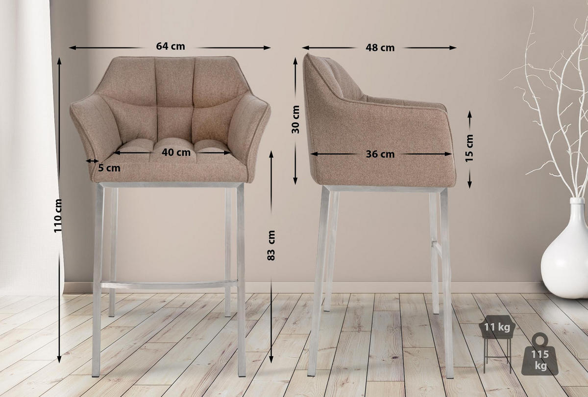 BARHOCKER Filz taupe - Taupe/Edelstahlfarben, Textil/Metall (64/110/48cm) - CLP