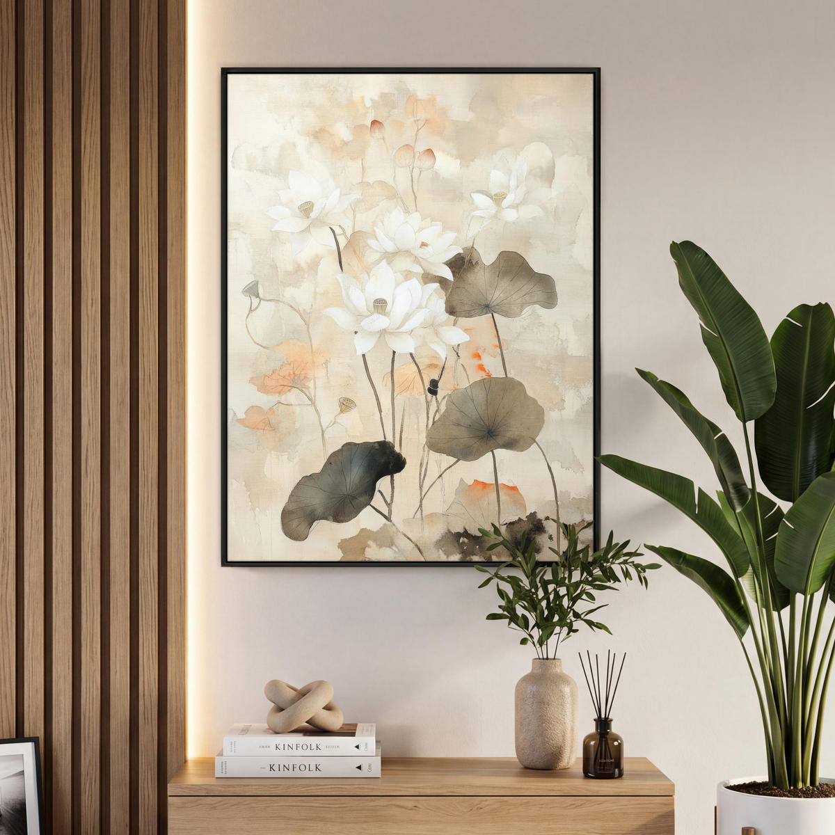 LEINWAND Bilder mit Rahmen - Blumen - Japandi - Wabi sabi - 70x100 - Sandfarben, Textil (70/100cm) - MuchoWow