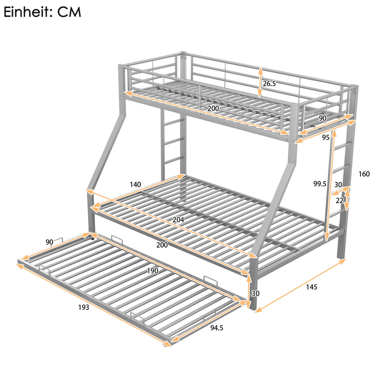 ETAGENBETT 90/140/200 cm aus Metall mit Ausziehbett, Silber - Silberfarben, Metall (90/200cm) - OKMYHOME