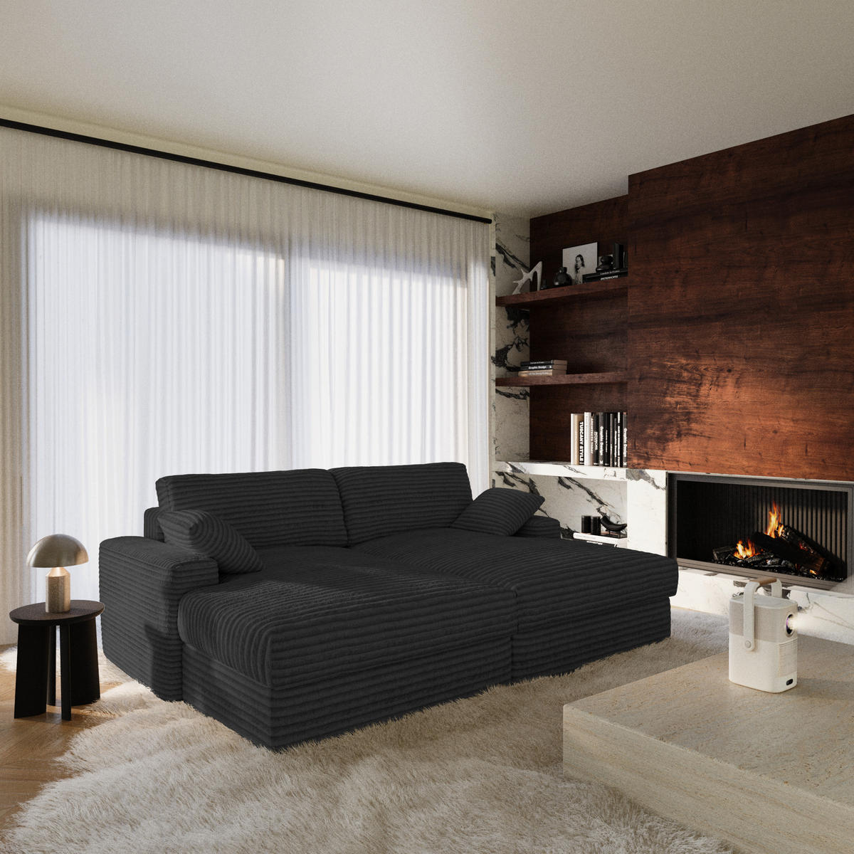 SOFA PLUM XXL-Cord Schwarz 260cm - Schwarz, Textil (260/83/155cm) - Premium Interiors