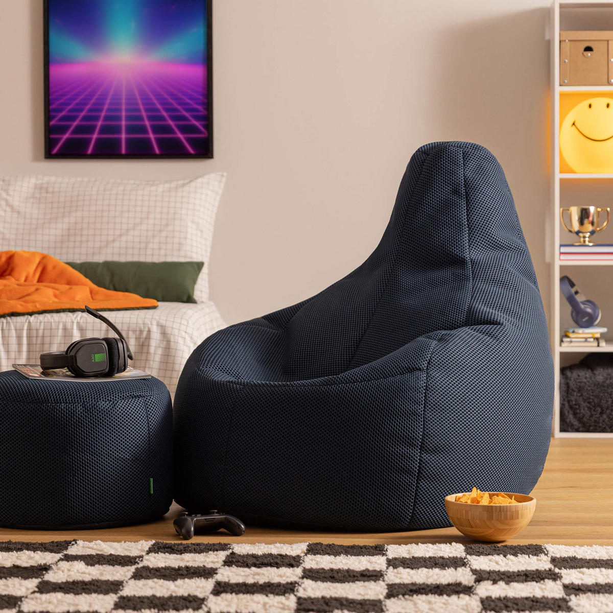 SITZSACK mit Hocker Dalton XXL Gaming - Dunkelblau, Textil (94/85/92cm) - icon