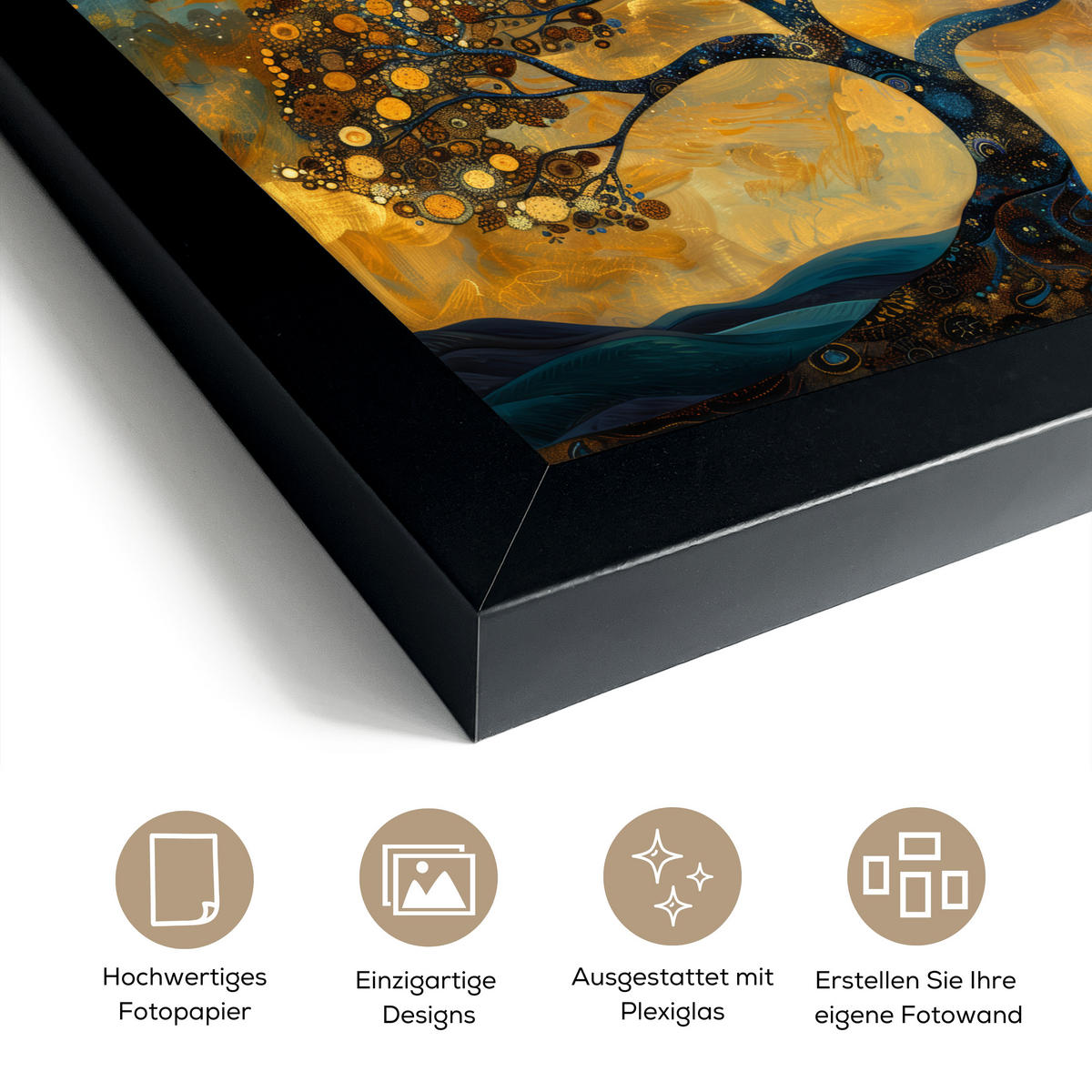 POSTER MIT RAHMENGERAHMTES BILD Baum - Mond - Blumen - Gold - Kunst 30x20 cm - Orange, Papier (30/20cm) - MuchoWow