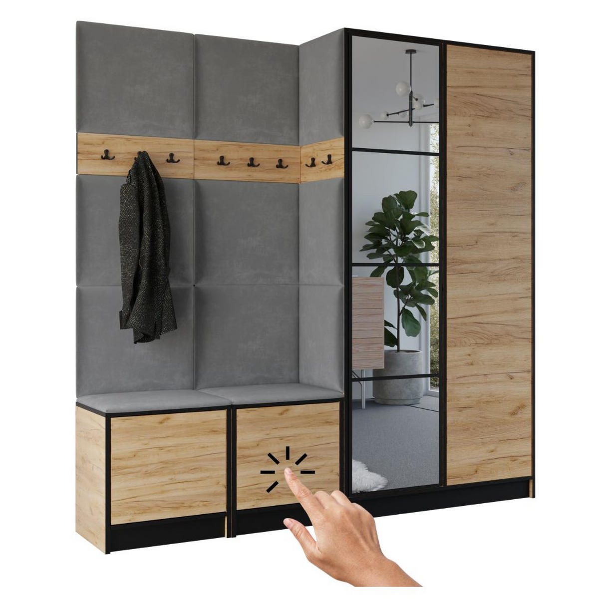 GARDEROBENSCHRANK EDEN 21 mit Spiegel - Eiche Craft Gold & Stoff Grau - Honigeiche/Grau, Holzwerkstoff (211/205/39cm) - Kier Furniture