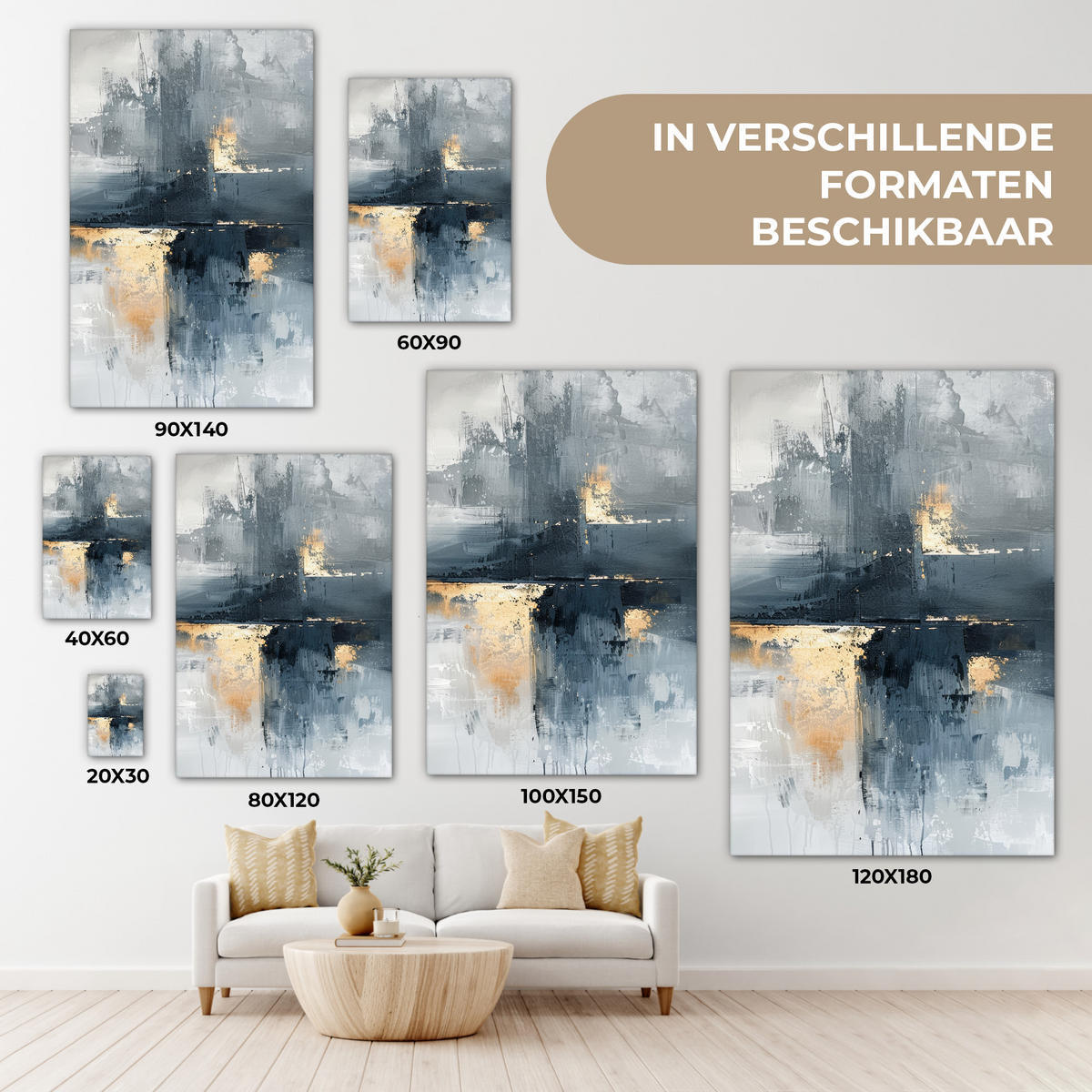 LEINWANDBILD Kunst - Grau - Gold - Abstrakt Deko XXL 80x120 cm - Dunkelgrau, Textil (80/120cm) - MuchoWow