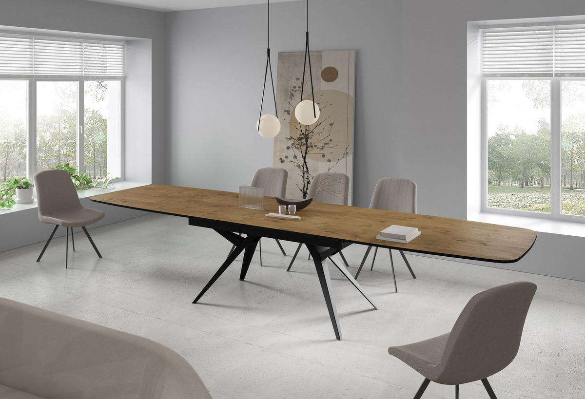 ESSTISCH Soren ausziehbar rechteckig oval, Eiche Hell Braun 180-380/100/76 cm - Eichefarben/Schwarz, Holzwerkstoff/Metall (180/100/76cm) - WFL GROUP