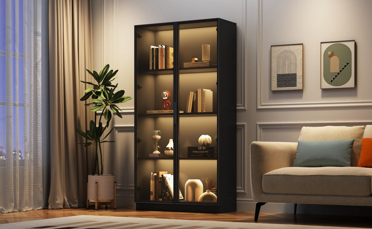 VITRINE aus Spanplatte 80x40x160 cm Schwarz mit APP-LED-Beleuchtung und verstellbaren Einlegeböden - Schwarz, Holzwerkstoff (40/160/80cm) - Modfu