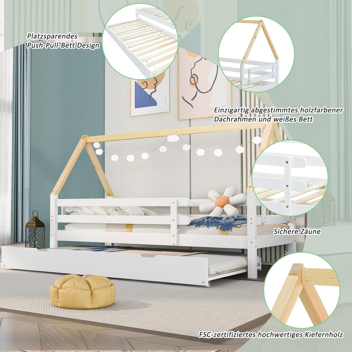 HAUSBETT 90/200 cm & 90/190 cm in Weiß & Natur mit Ausziehbett Massivholz - Weiß/Naturfarben, Holz (90/200cm) - CHICFURN