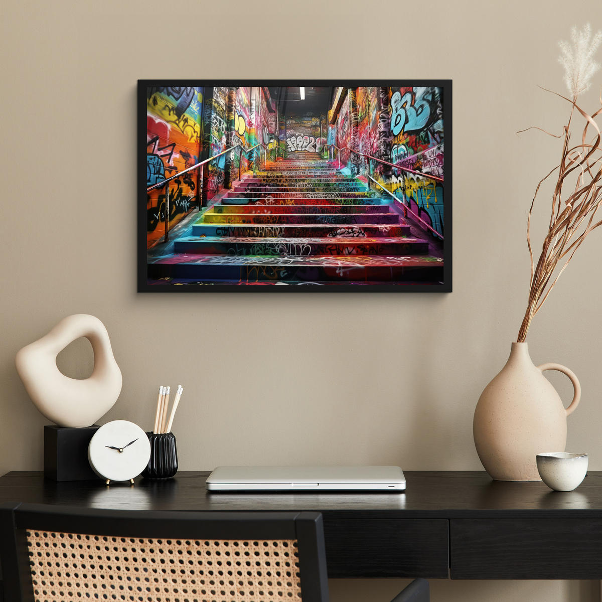 POSTER MIT RAHMEN Treppe - Graffiti - Farben - Kunst 60x40 cm - Multicolor, Papier (60/40cm) - MuchoWow