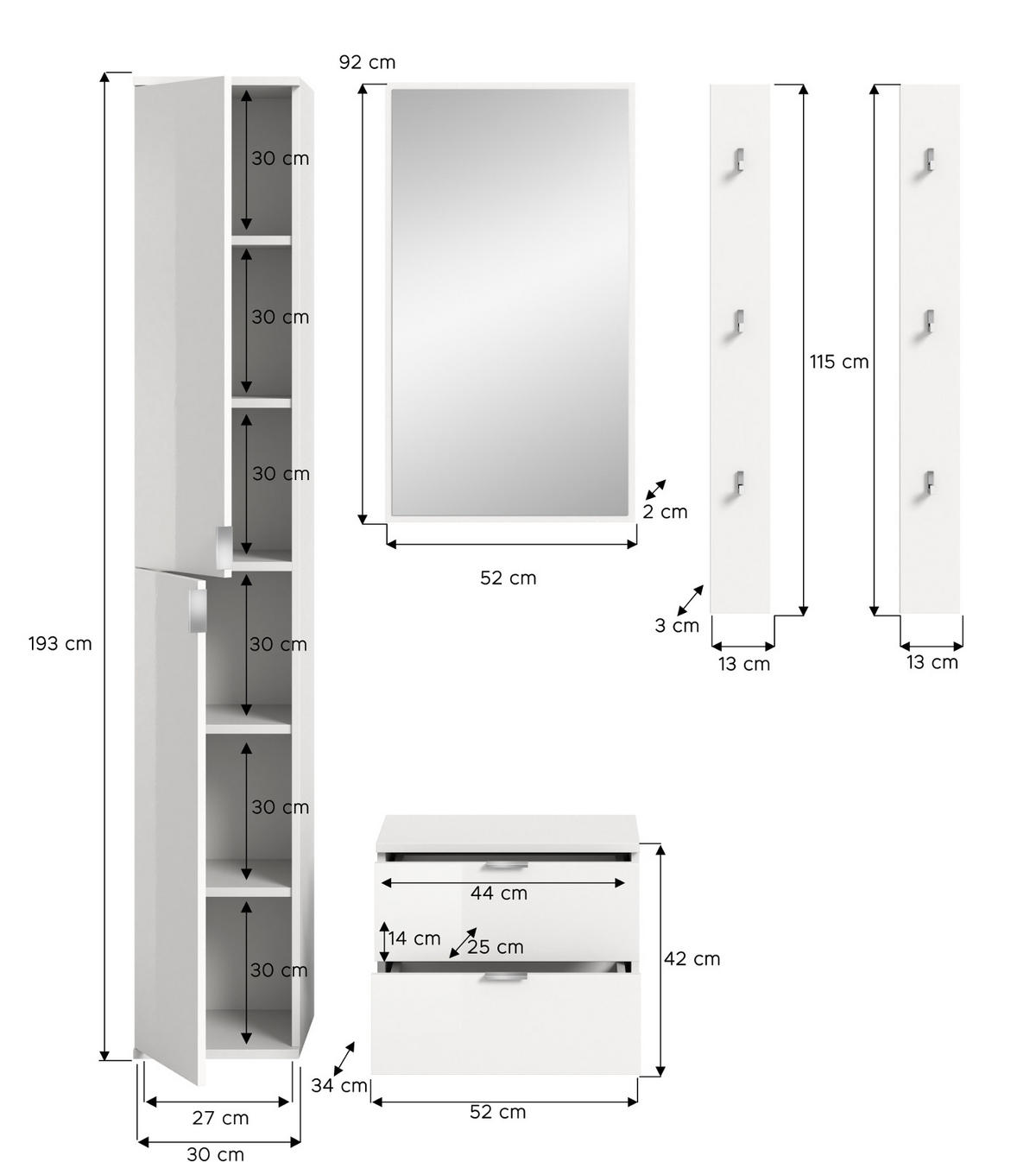 GARDEROBE Set 5-teilig weiß Hochglanz 153 cm, Flurmöbel mit viel Stauraum - Chromfarben/Weiß Hochglanz, Holzwerkstoff/Kunststoff (153/193/34cm) - Inn.Furn