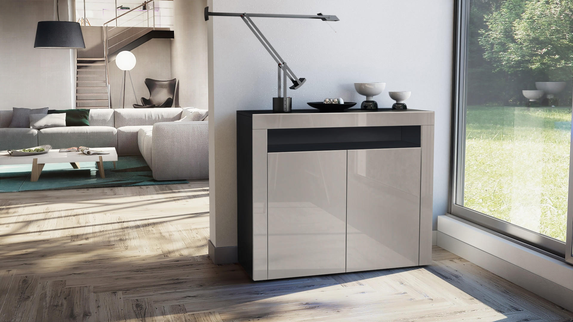 KOMMODE Valencia Sandgrau Hochglanz / Sandgrau Hochglanz - Sandfarben, Holzwerkstoff (108/92/40cm) - Vladon