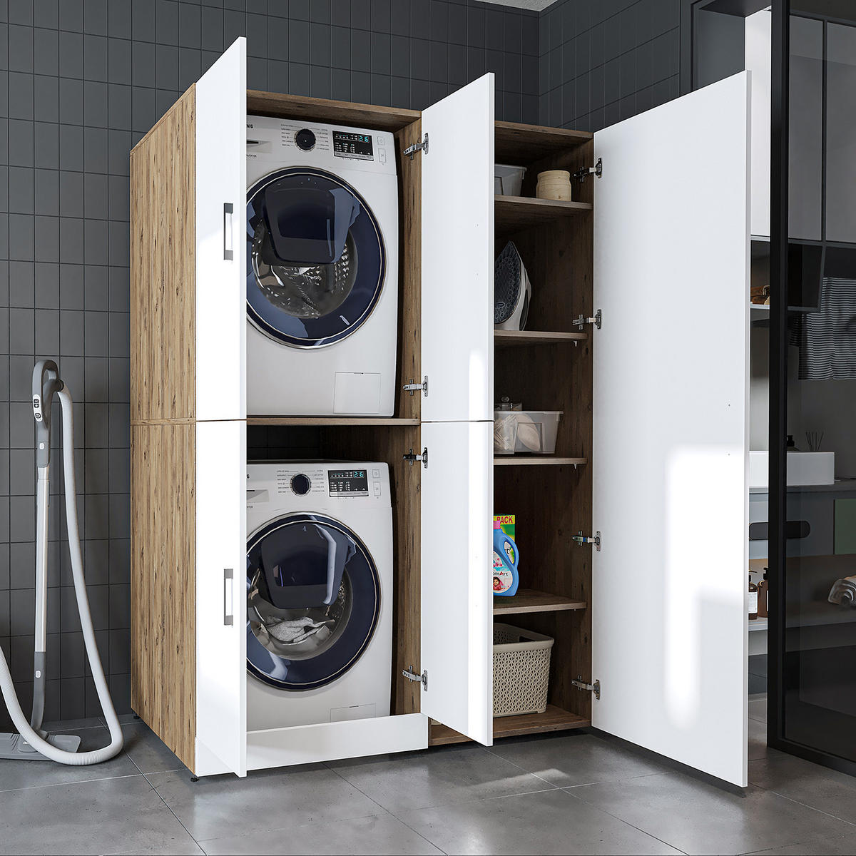WASCHMASCHINENSCHRANK DORA-II 130cm Breit, 186cm Hoch - Eiche Bianco, Holzwerkstoff (130/186/73.8cm)