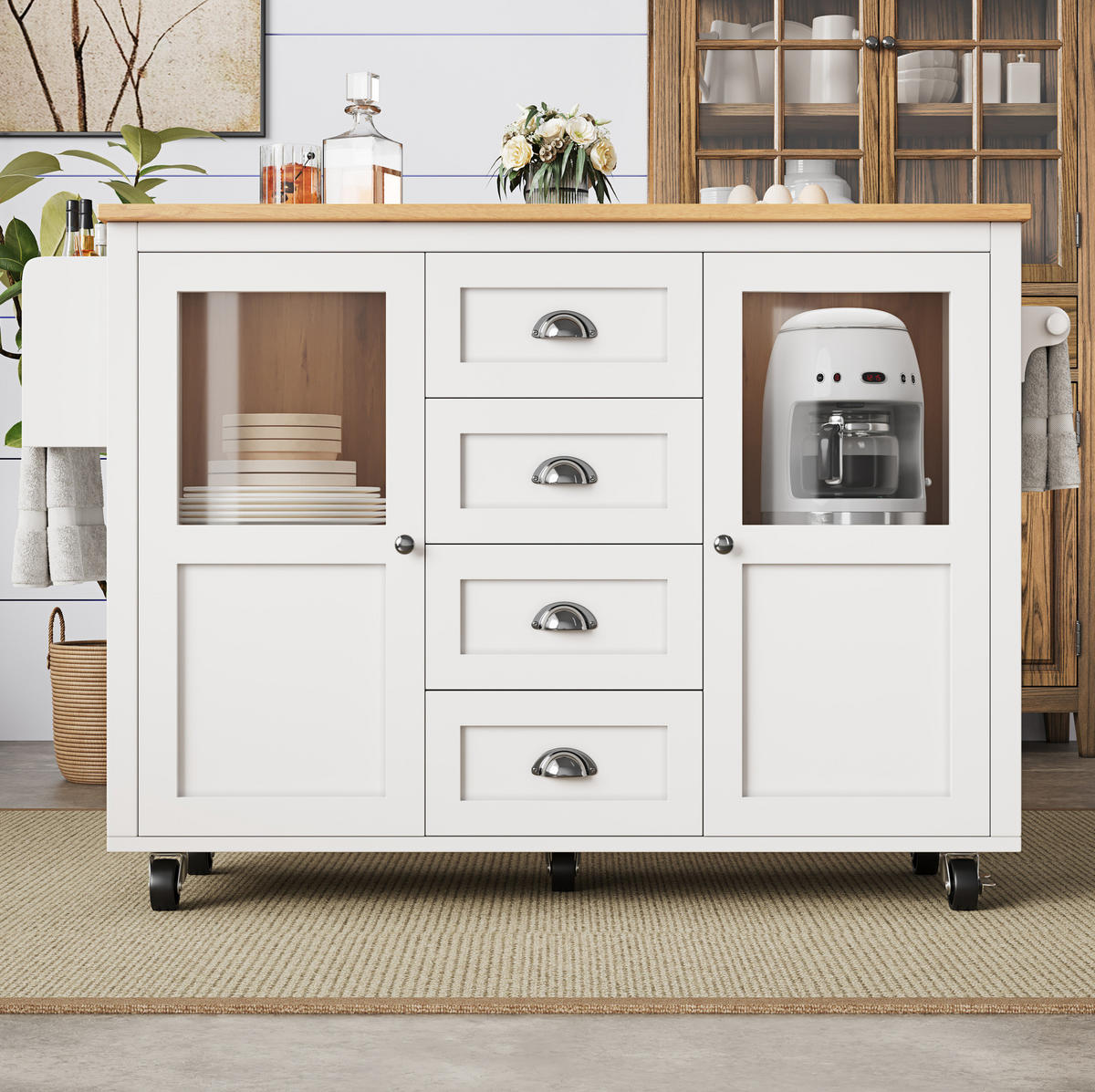 KÜCHENINSEL 137,9/73/92,5 cm aus MDF und Metall mit klappbarer Arbeitsfläche Weiß - Weiß, Holzwerkstoff (137.9/92.5/73cm) - Modenvie