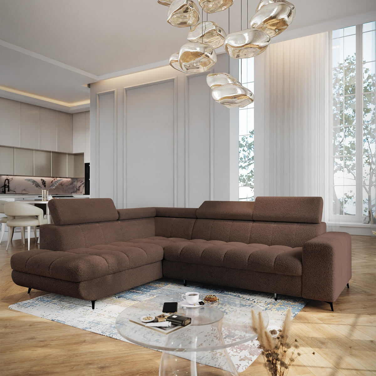 ECKSOFA MORIVA Q L-S Braun Boucle-Stoff mit Schlaffunktion - Braun, Holzwerkstoff/Textil (253/190cm) - MASSENO