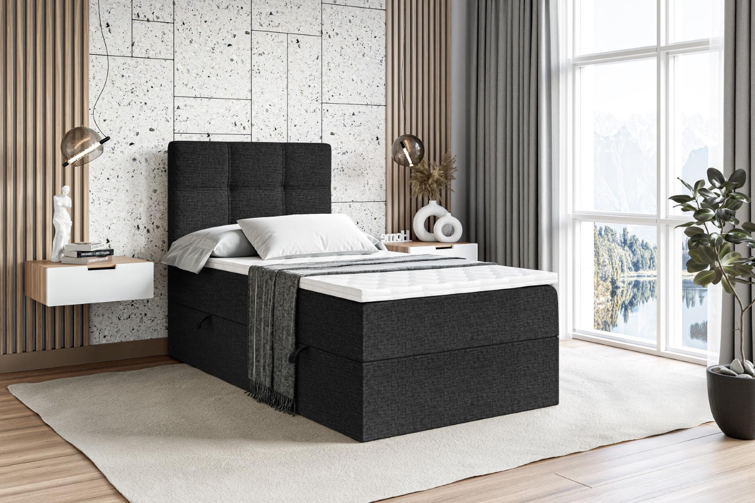 BOXBETT mit Matratze H3 und Lattenrost - MARCE - 90x200 - Links Schwarz - Schwarz, Holzwerkstoff (90/200cm) - ALTDECOR