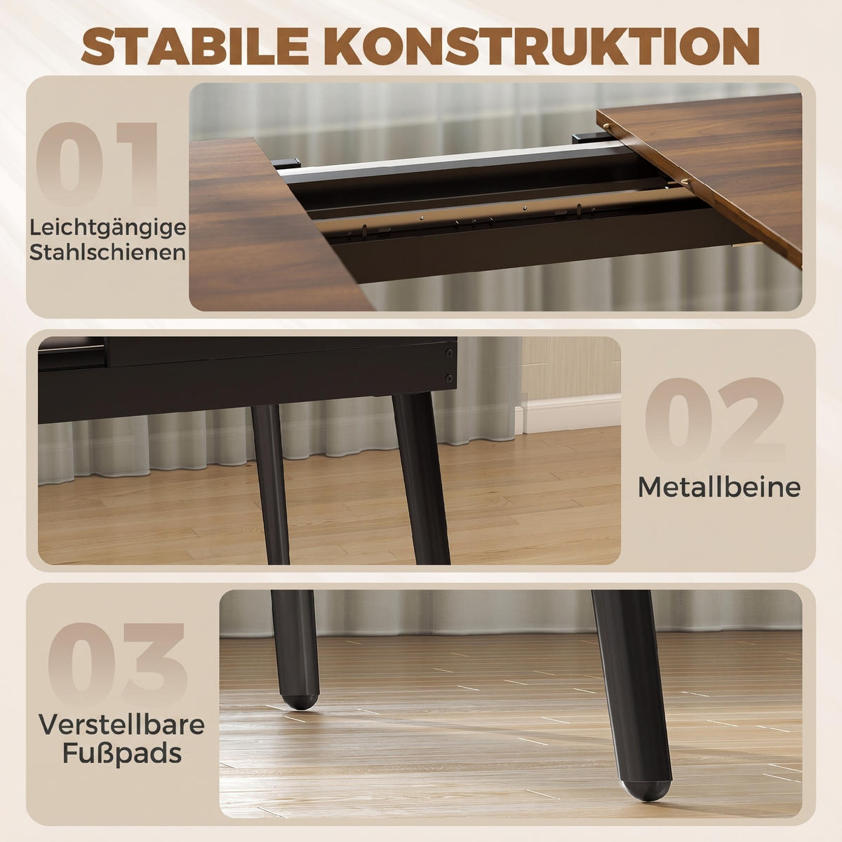 AUSZIEHBARER-ESSTISCH MDF Walnuss - Walnussfarben/Schwarz, Holzwerkstoff/Metall (160/85/75cm) - HOMCOM