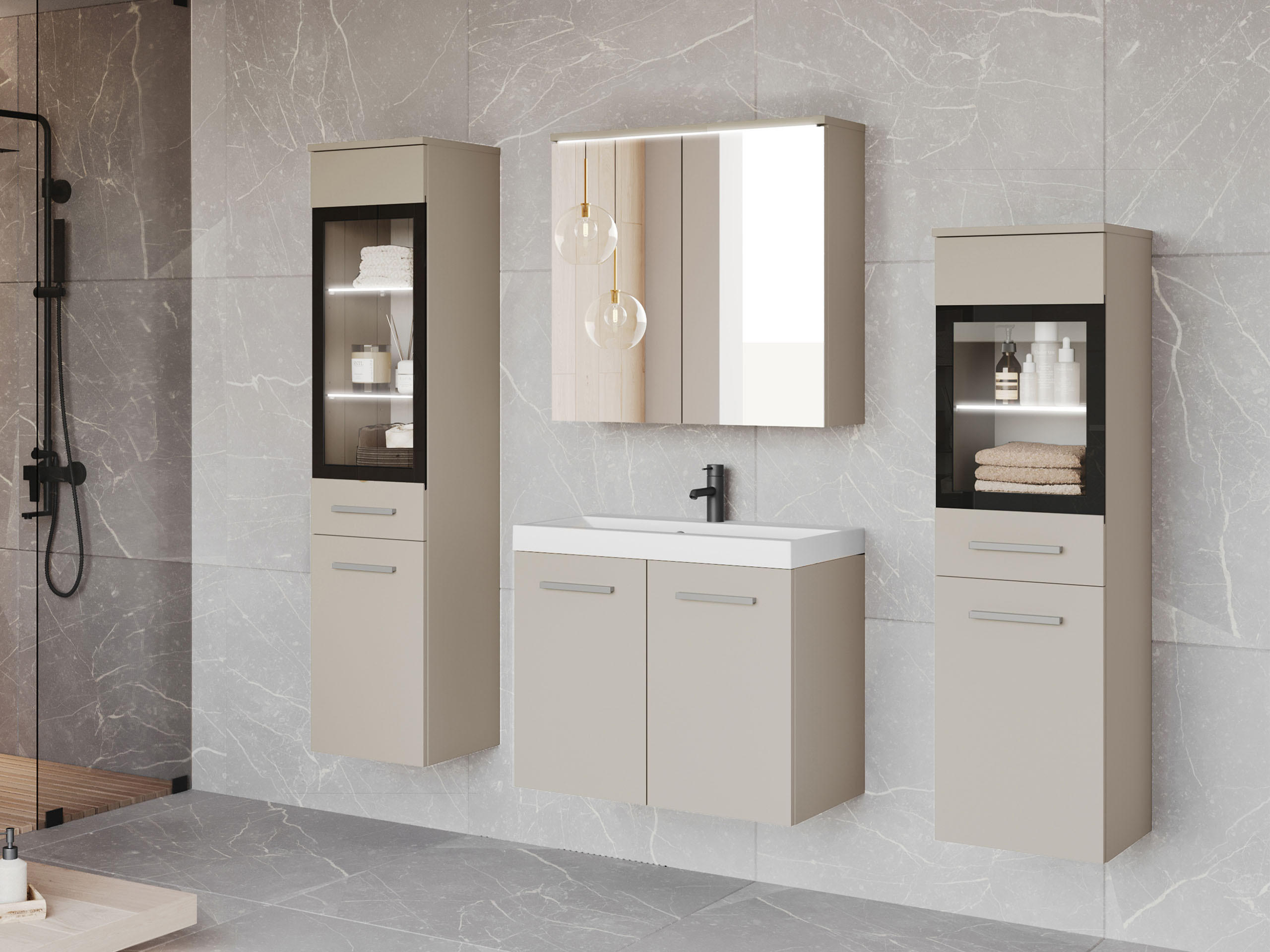 BADMÖBEL-SET Madrit II mit weißer LED Beleuchtung - Kaschmir/Silberfarben, Holzwerkstoff/Kunststoff (132/132/30cm) - MIRJAN24