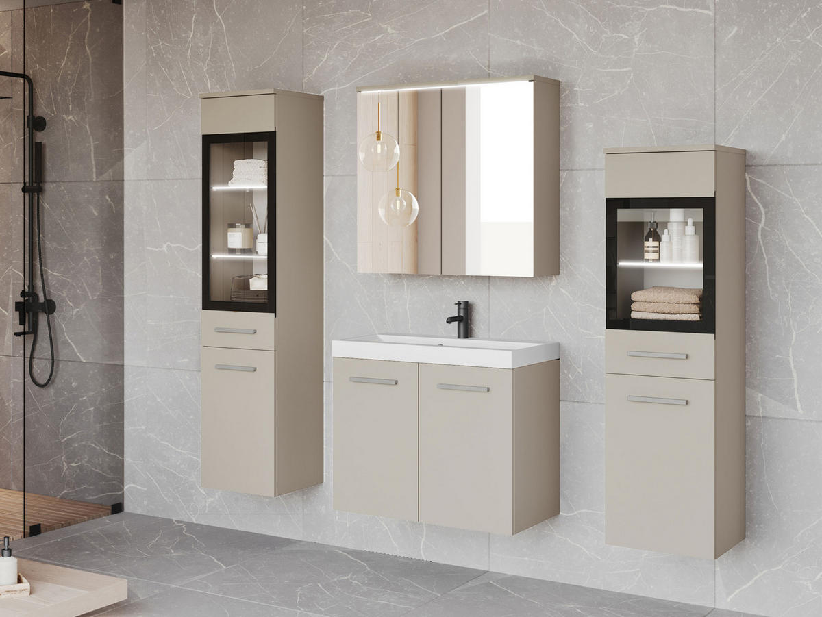 BADMÖBEL-SET Madrit II mit weißer LED Beleuchtung - Kaschmir/Silberfarben, Holzwerkstoff/Kunststoff (132/132/30cm) - MIRJAN24