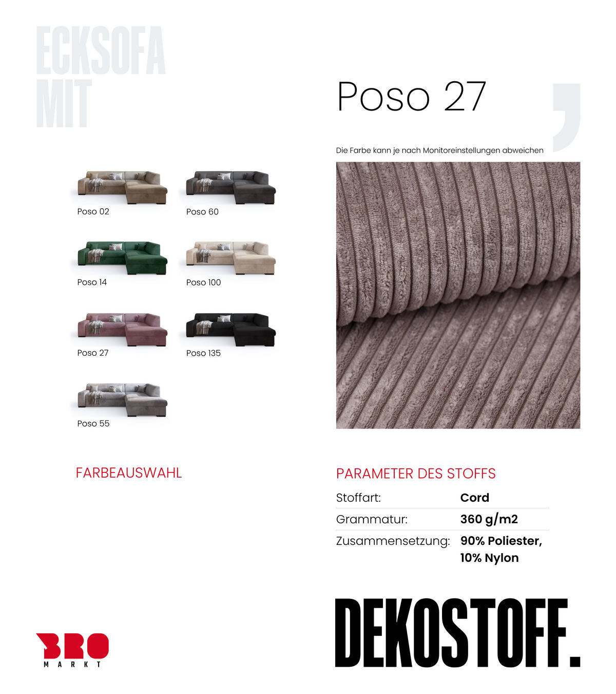 ECKSOFA mit Schlaffunktion Cordstoff MILENZO Puderrosa Rechts - Rosa, Holz (260/175cm) - Bromarkt