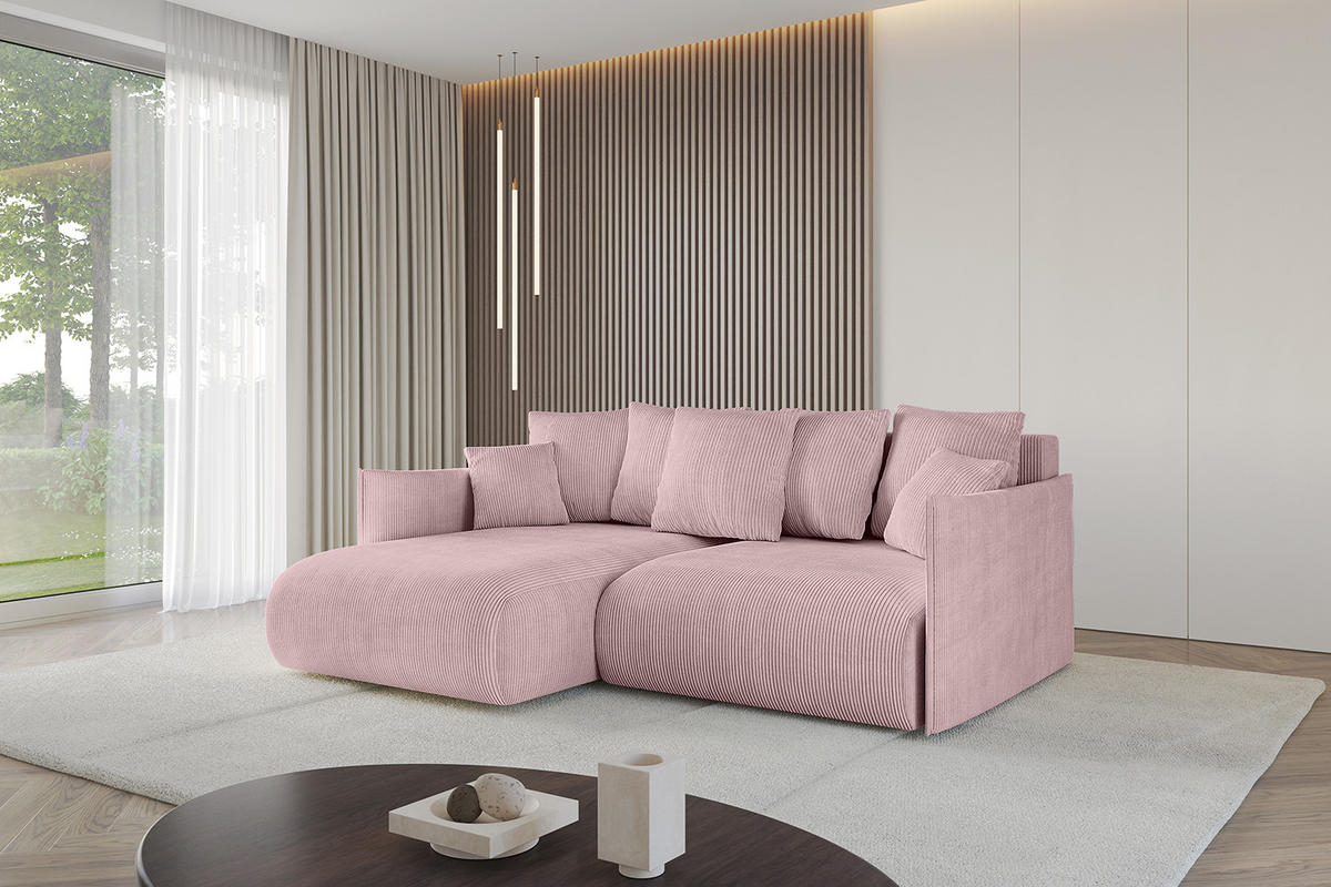 ECKSOFA mit Schlaffunktion und Bettkasten ONESK-L 208x165x40 Rosa Cord - Rosa, Holzwerkstoff/Kunststoff (208/165cm) - ALTDECOR