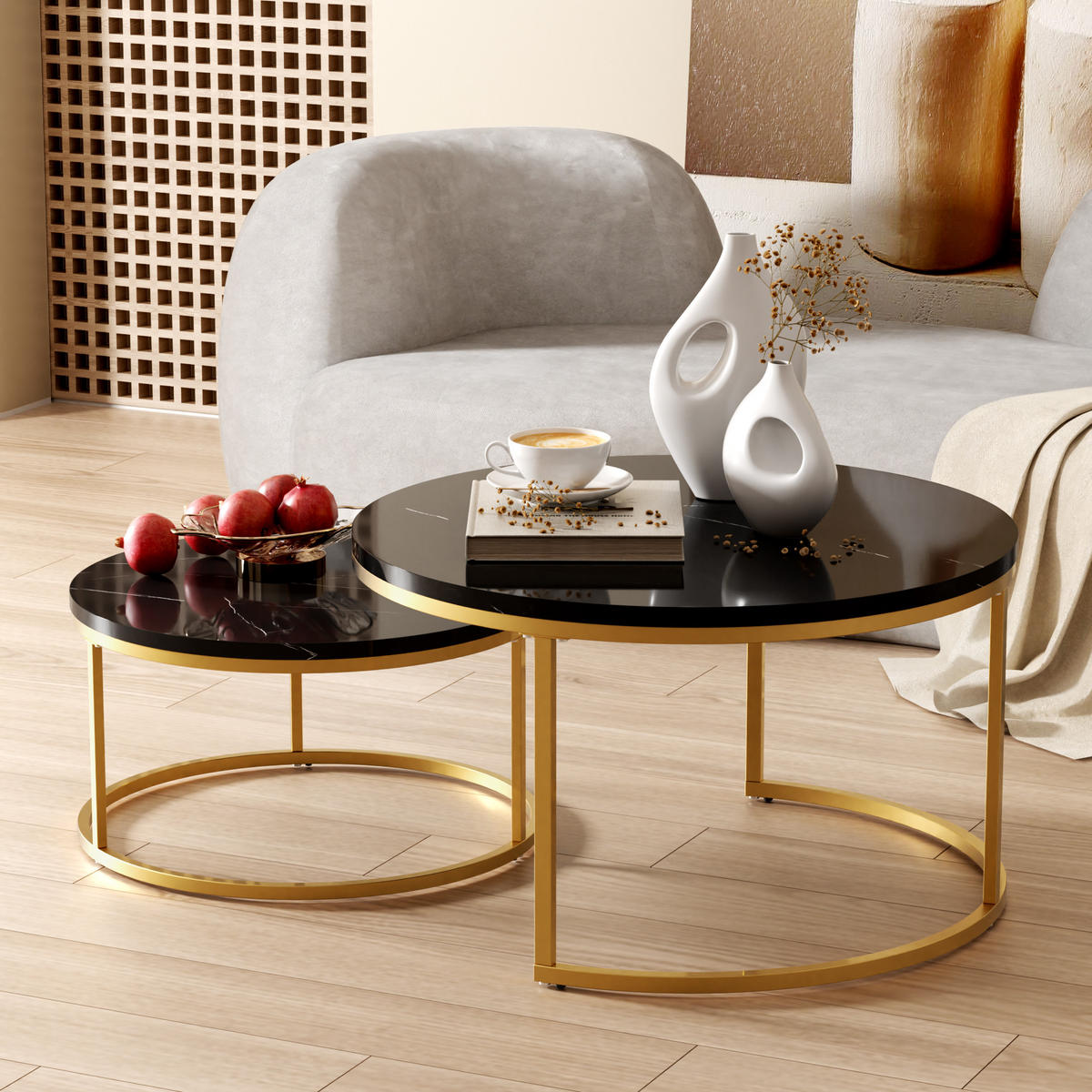 COUCHTISCH Runder 2-teiliger Satztisch 80/80 cm + 60/60 cm geschachtelt - Schwarz, Holzwerkstoff (80/80/45cm) - OKWISH