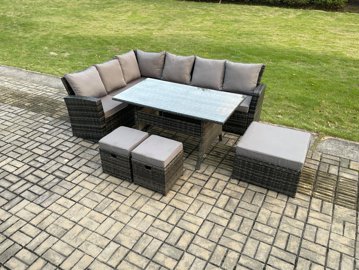 GARTENLOUNGE mit Ecksofa Polyrattan Dunkelgrau 9-Sitzer - Dunkelgrau/Grau, Glas/Kunststoff - Fimous