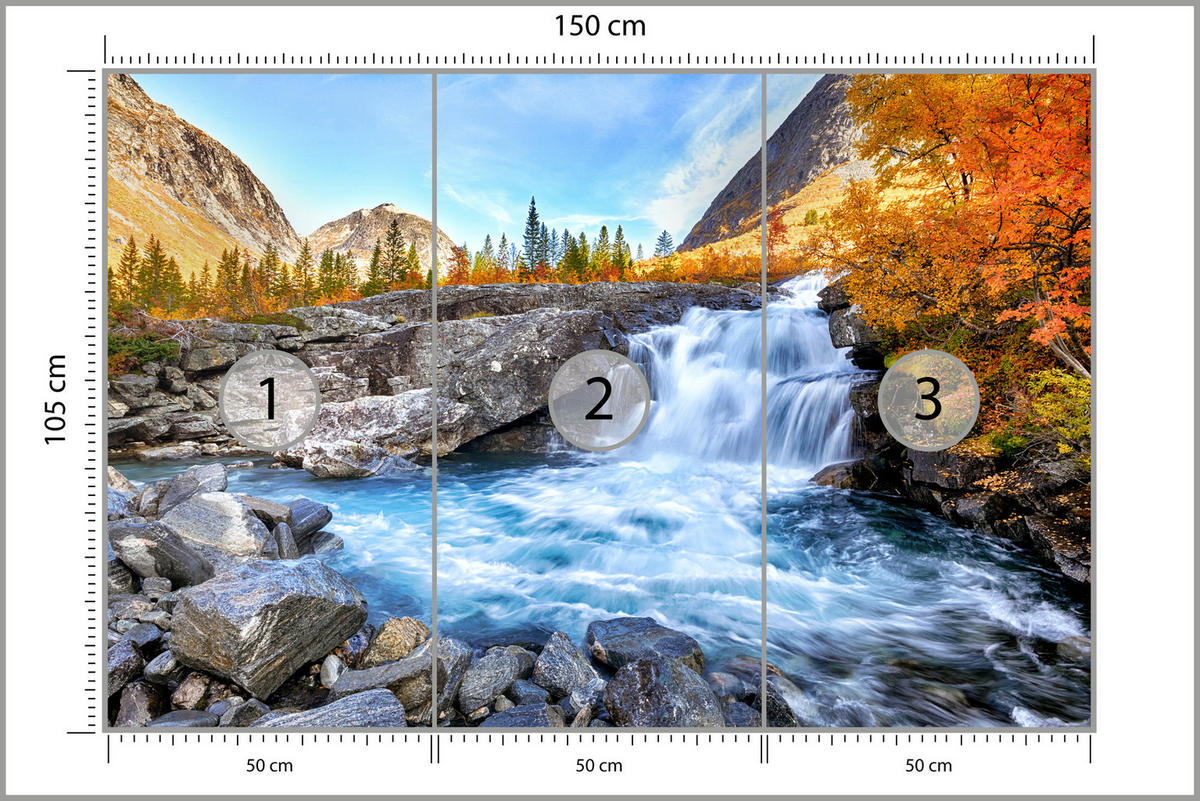 FOTOTAPETE Wasserfall Berge Wald Felsen 3D 150x105 - Blau/Gelb, Papier (150/105cm) - Muralo