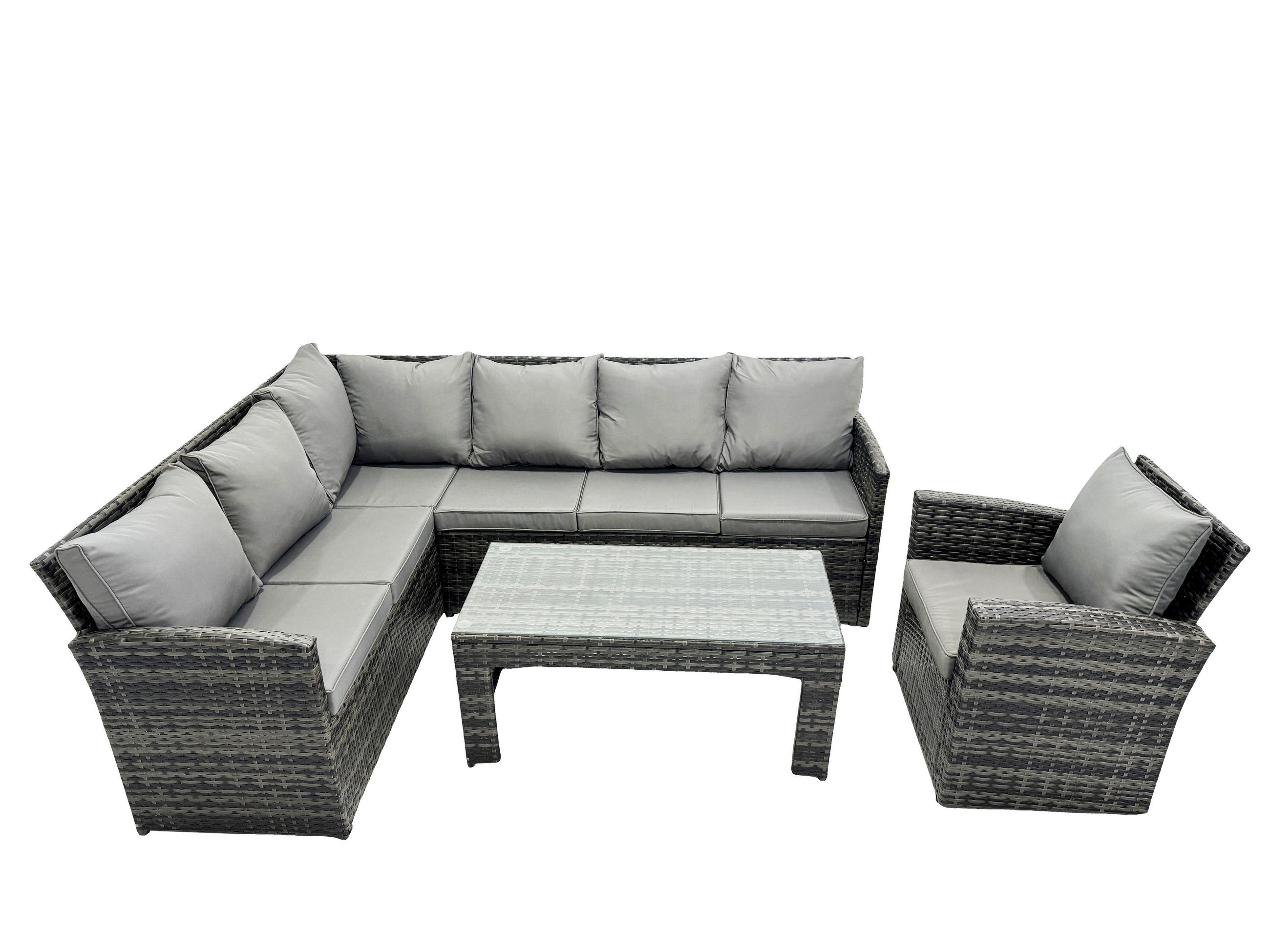 SITZGRUPPE mit Ecksofa,Länglicher Couchtisch,Sessel Polyrattan 7-Sitzer - Dunkelgrau/Grau, Glas/Kunststoff - Fimous