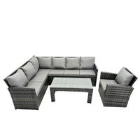 SITZGRUPPE mit Ecksofa,Länglicher Couchtisch,Sessel Polyrattan 7-Sitzer - Dunkelgrau/Grau, Glas/Kunststoff - Fimous