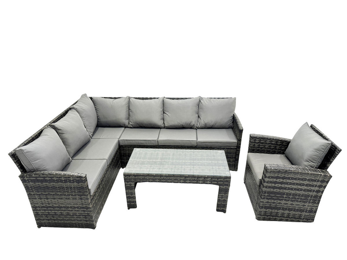 SITZGRUPPE mit Ecksofa,Länglicher Couchtisch,Sessel Polyrattan 7-Sitzer - Dunkelgrau/Grau, Glas/Kunststoff - Fimous