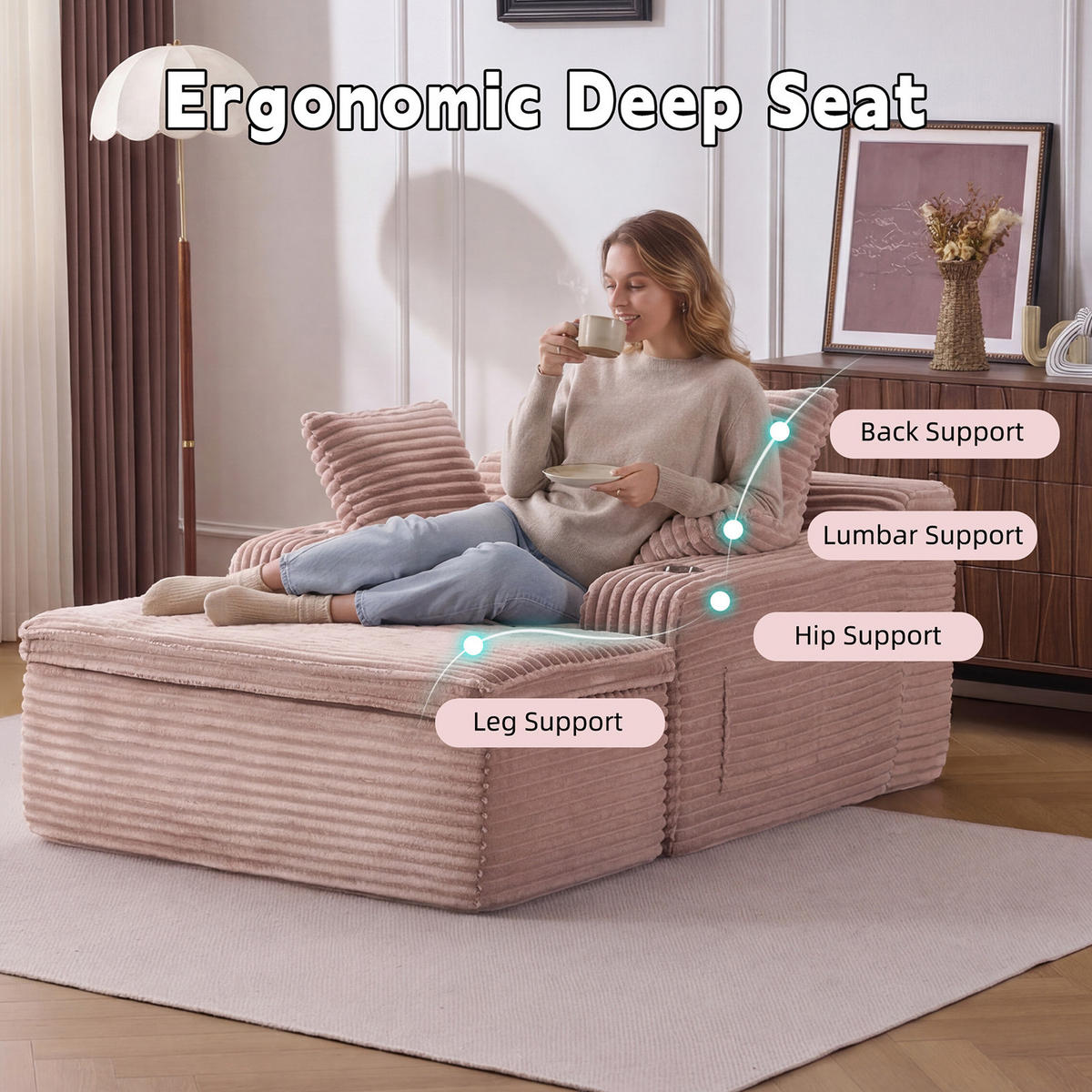 KLAPPSOFA mit 2-in-1-Funktionskissen, Cordstoff - Rosa - Pink, Textil (113/63/164cm) - KOMHTOM