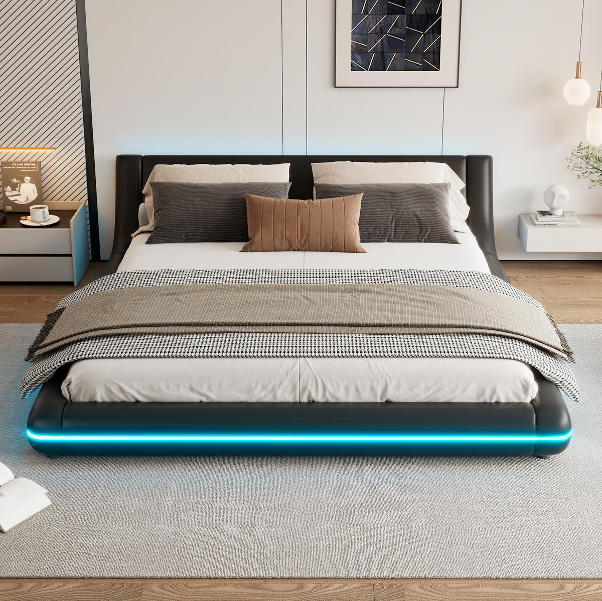 KREVET 160/200 cm s LED ambijentalnim osvjetljenjem i PU presvlakom, lako održavanje, Crna - crna, koža (160/200cm) - Redom