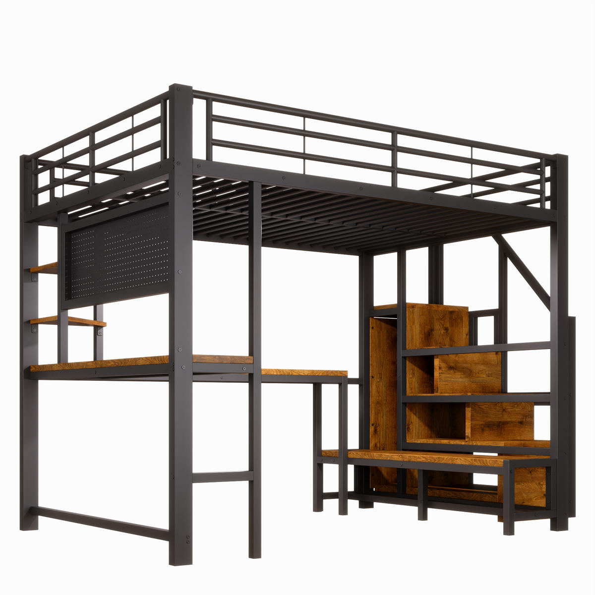 HOCHBETT 140/200 cm Schwarz mit Schreibtisch, trapezförmiger Schrank und LED-Beleuchtung - Schwarz, Metall (140/200cm) - Oxeza