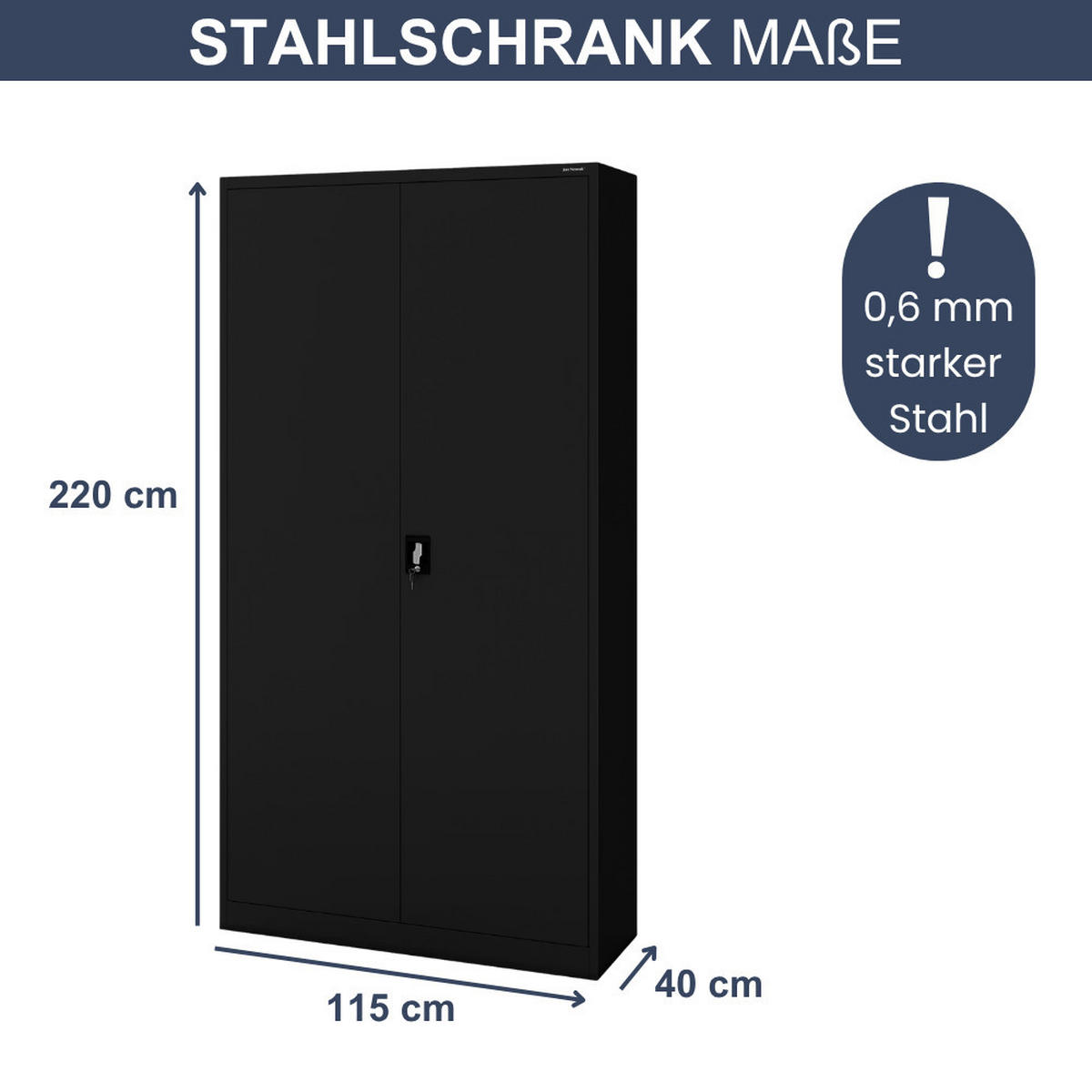 AKTENSCHRANK abschließbar KADO Flügeltüren 220x115x40cm Schwarz - Schwarz, Metall (115/220/40cm) - DELUKE