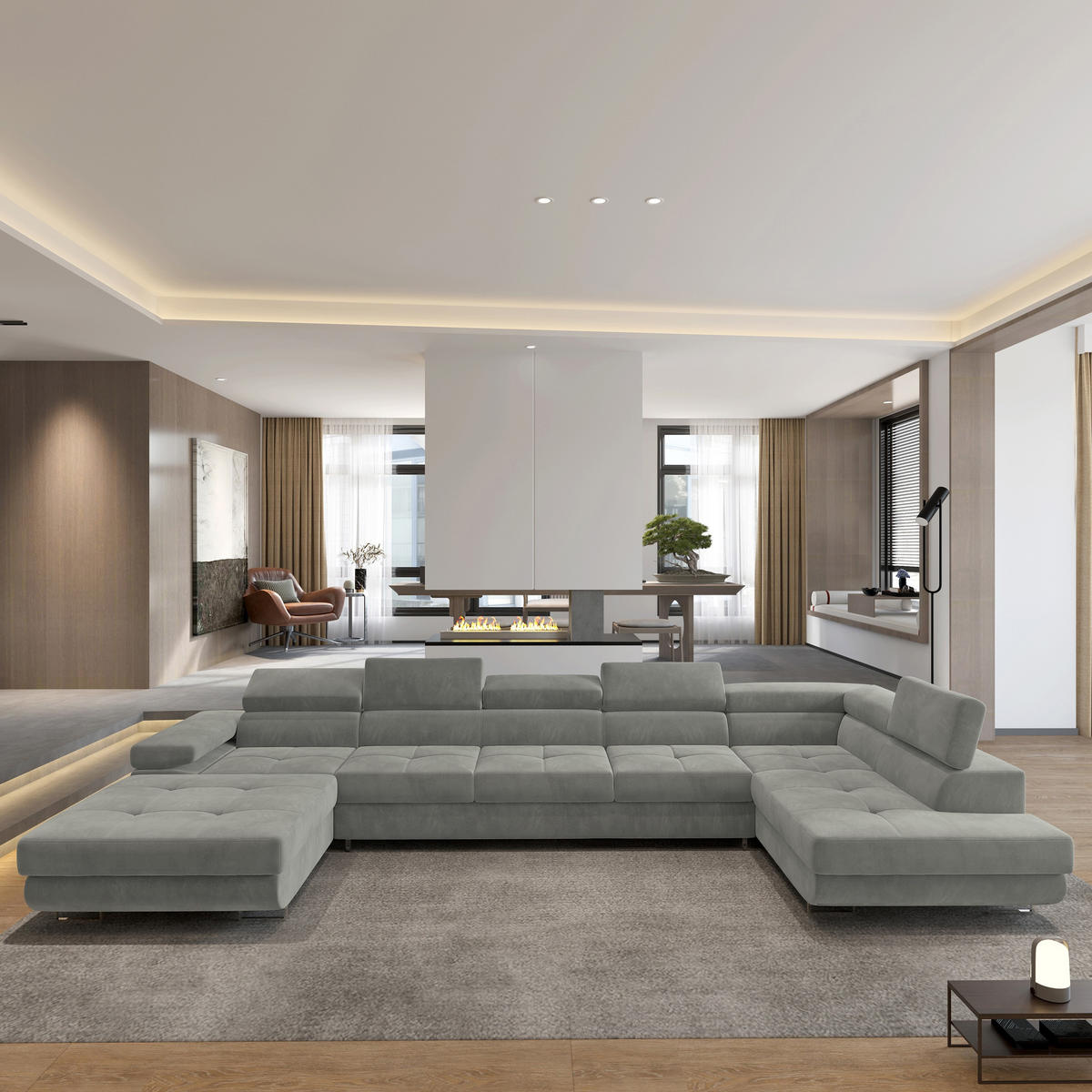 ROHOVÁ SEDAČKA TORIVA světle šedá - stříbrná/světle šedá, kov/dřevo (418/202cm) - MASSENO